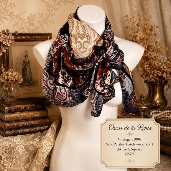 Oscar de la Renta Accessories - Vintage Oscar de la Renta Silk Paisley Patchwork Scarf 1980s NWT Brown Rust 34